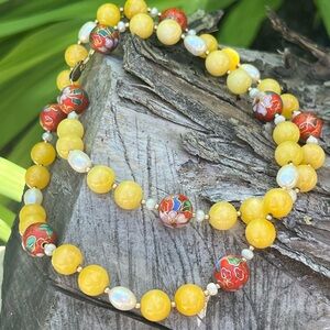 Handmade Cloisonné & Yellow Stone Beaded Necklace Floral Cloisonné 26”